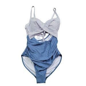 NWT Eomenie Swimsuit Women L Blue Striped Nylon Spandex One-Piece Swimwear‎